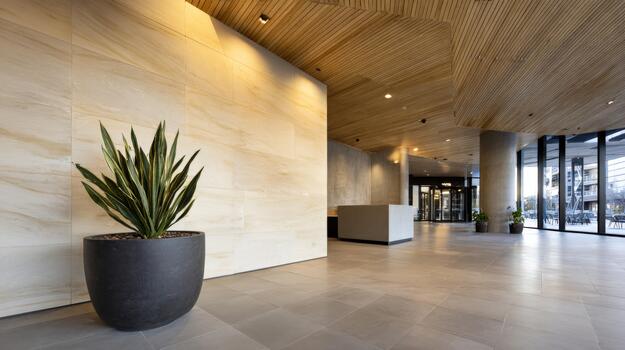 Modern architectural entrance with natural elements in a contemporary building photo