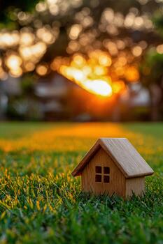 Miniature wooden house in a grassy field at sunset creating a serene atmosphere photo