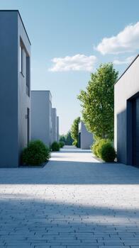 Modern architecture pathway lined with greenery on a sunny day photo