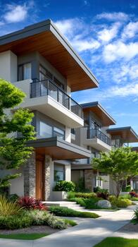 Modern homes feature clean lines and greenery in sunny locations photo