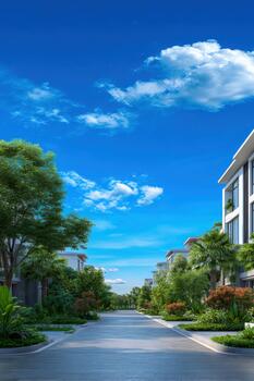 Modern residential architecture along a tree-lined pathway under a clear sky photo