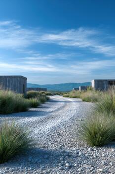 Modern architecture against a backdrop of hills and clear skies photo