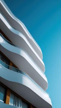 Modern architectural design with curved balconies under a clear blue sky photo