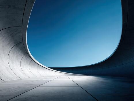 Modern architectural design featuring sleek curves and a bright blue sky photo