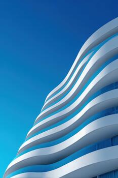 Modern wavy architecture design under clear blue sky in urban setting photo