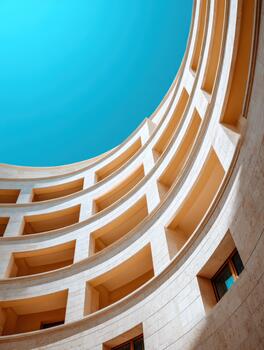 View of modern architecture against clear blue sky from a unique perspective photo
