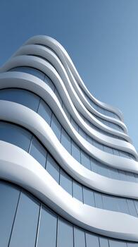 Modern wave-like building design under clear blue sky in urban setting photo