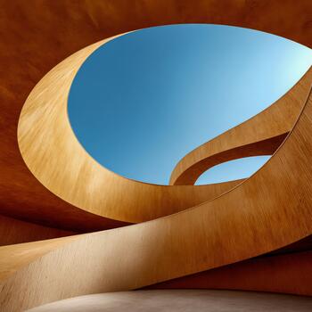 Modern architectural design showcasing curved wooden elements and blue sky photo