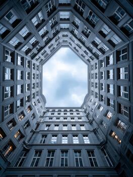 Unique view of modern architecture in an urban courtyard photo