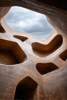 Exploring unique architectural design of a modern interior with sky view photo