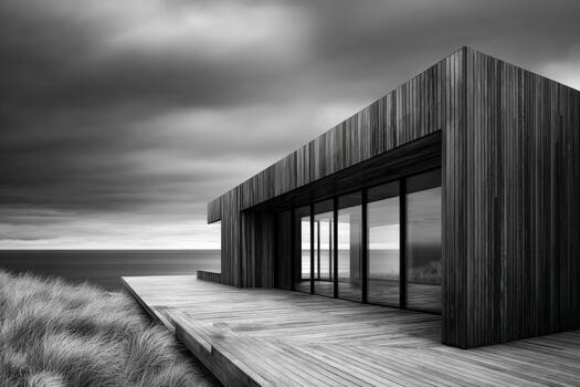 Modern coastal architecture blends with nature near the shore in cloudy weather photo