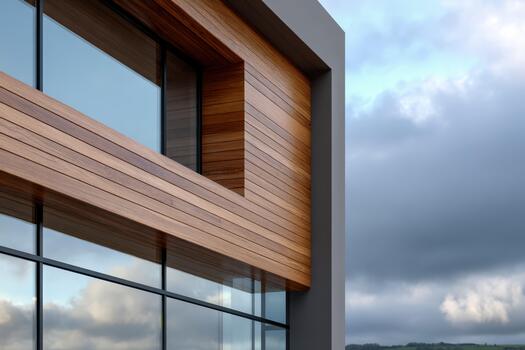Modern architecture showcasing wood and glass design against a cloudy sky photo