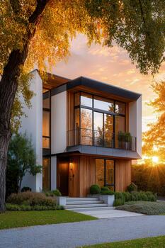 Modern architecture reflects sunset glow in tranquil suburban setting photo