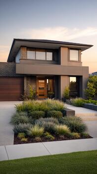 Modern architectural design in a suburban setting at sunset photo