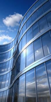 Modern glass building with wavy architecture reflecting the sky photo