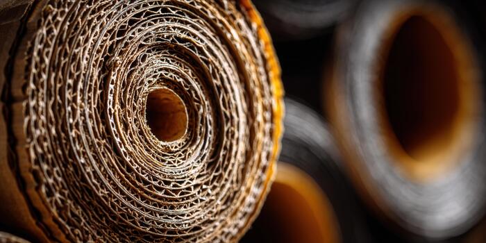 Intricate close-up of a rolled cardboard revealing its textured layers and details. photo