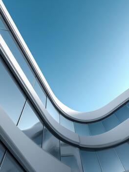 Modern architecture reflects curves and shapes against a clear blue sky photo