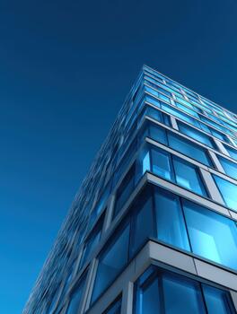 Modern glass architecture reaches towards a clear blue sky in urban setting photo