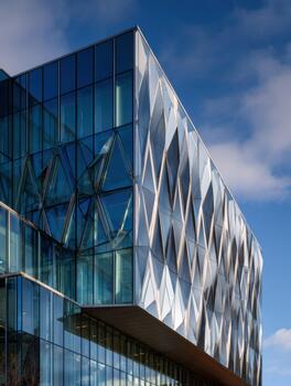 Modern architectural design featuring glass and metal in urban setting photo