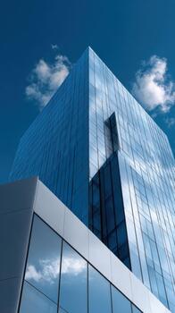 Modern glass building reflecting clouds under a blue sky photo