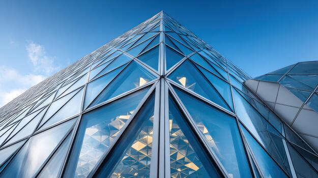 Modern architectural design featuring glass and geometric shapes in clear sky photo