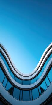 Modern curved architecture under a clear blue sky in an urban setting photo