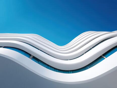 Modern wave-shaped architecture against a clear blue sky in a vibrant city photo