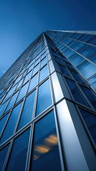 Modern glass tower reaching towards the sky in urban environment photo