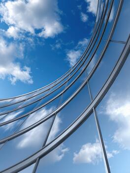 Modern glass architecture reflecting clouds under a clear blue sky photo