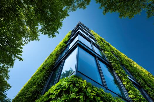 Modern green architecture in a city with lush plants and clear sky photo