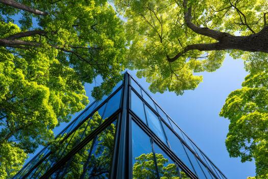 Modern architecture integrates with nature under bright blue sky photo