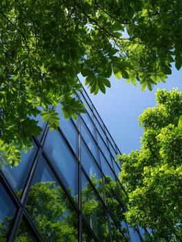 Modern glass architecture reflecting nature in a vibrant urban setting photo