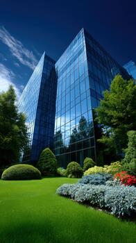 Modern glass office building surrounded by lush greenery and colorful flowers photo