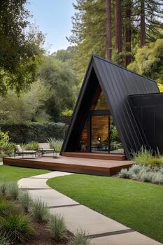 Modern architectural design blends with nature in a serene garden setting photo