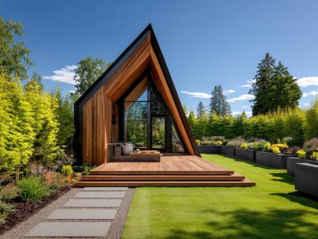 Stunning modern architecture with wood and glass design surrounded by greenery photo