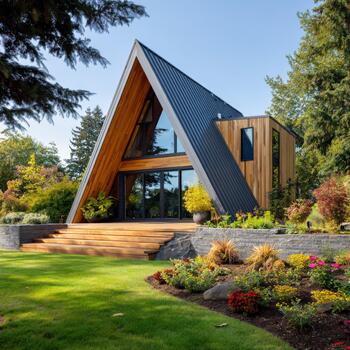 Modern triangular house with wooden accents in a sunny garden setting photo