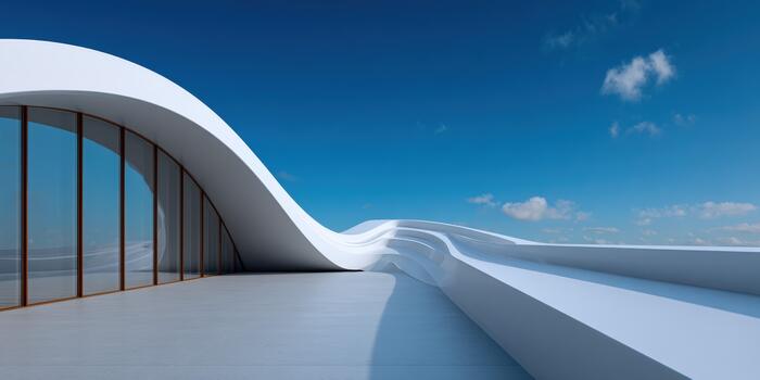 Innovative architectural design with flowing lines and clear blue sky photo