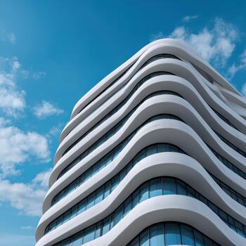 Modern wavy architecture with blue sky and clouds in urban setting photo