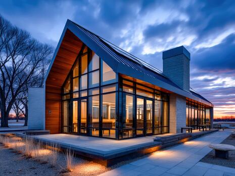Modern architectural design features large windows and a sleek roof at sunset photo