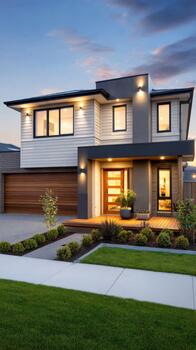 Modern architectural design of a house at dusk with stylish lighting and landscaping photo