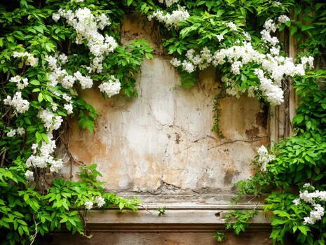 Flowers and greenery frame weathered architecture in a quaint garden setting photo