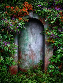 Exploring the overgrown entrance of a hidden garden in a serene location photo