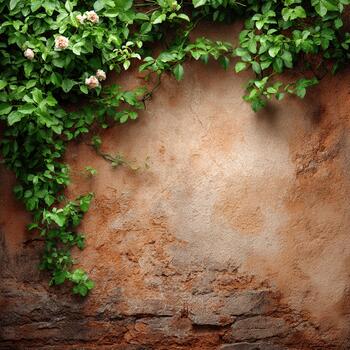 vides y flores creciente en un antiguo texturizado pared en un natural ajuste foto