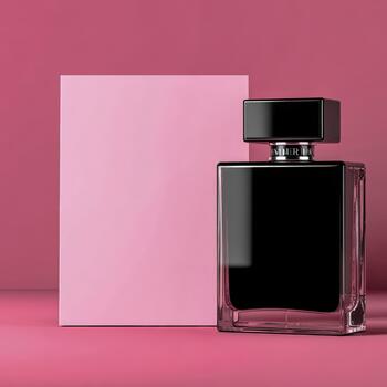 Elegant black perfume bottle displayed with a pink backdrop photo