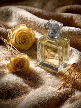 Elegant perfume bottle with yellow roses on soft fabric background photo