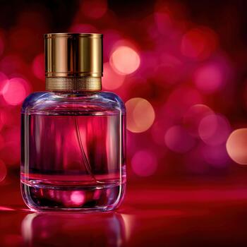 Beautiful perfume bottle with sparkling pink background and bokeh lights photo