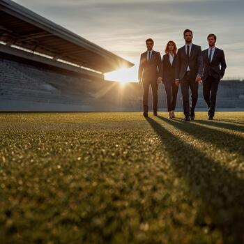 Diverse business team walks confidently in stadium at sunset photo