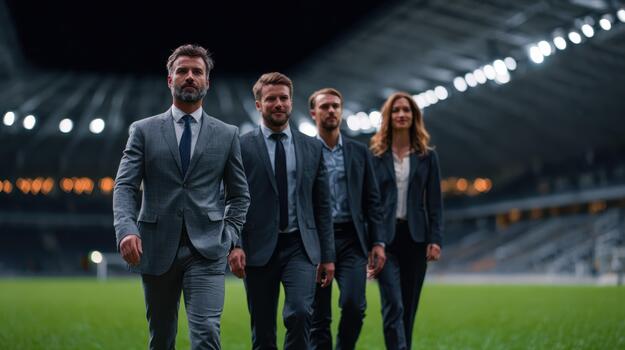 Business team walks confidently across a modern stadium field in the evening photo