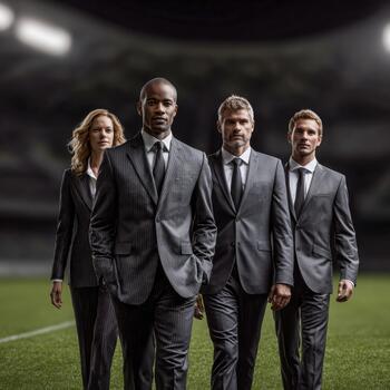 Diverse business team walking confidently on a sports field during evening event photo