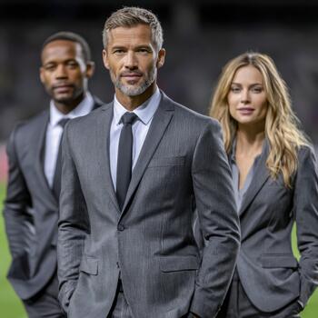 Diverse business team in suits working together at an outdoor setting photo